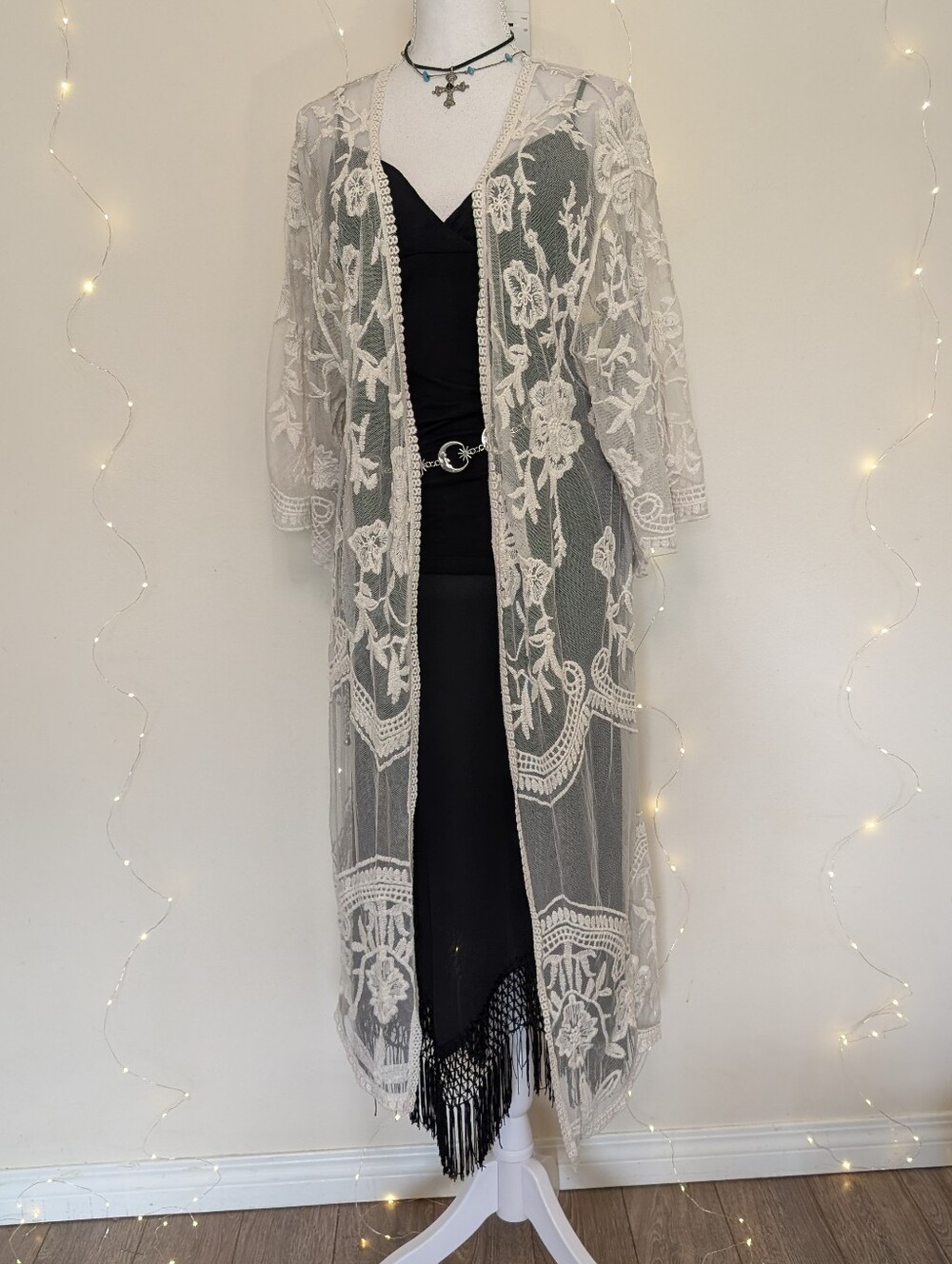 Ivory Sheer Lace Embroidered Kimono Duster